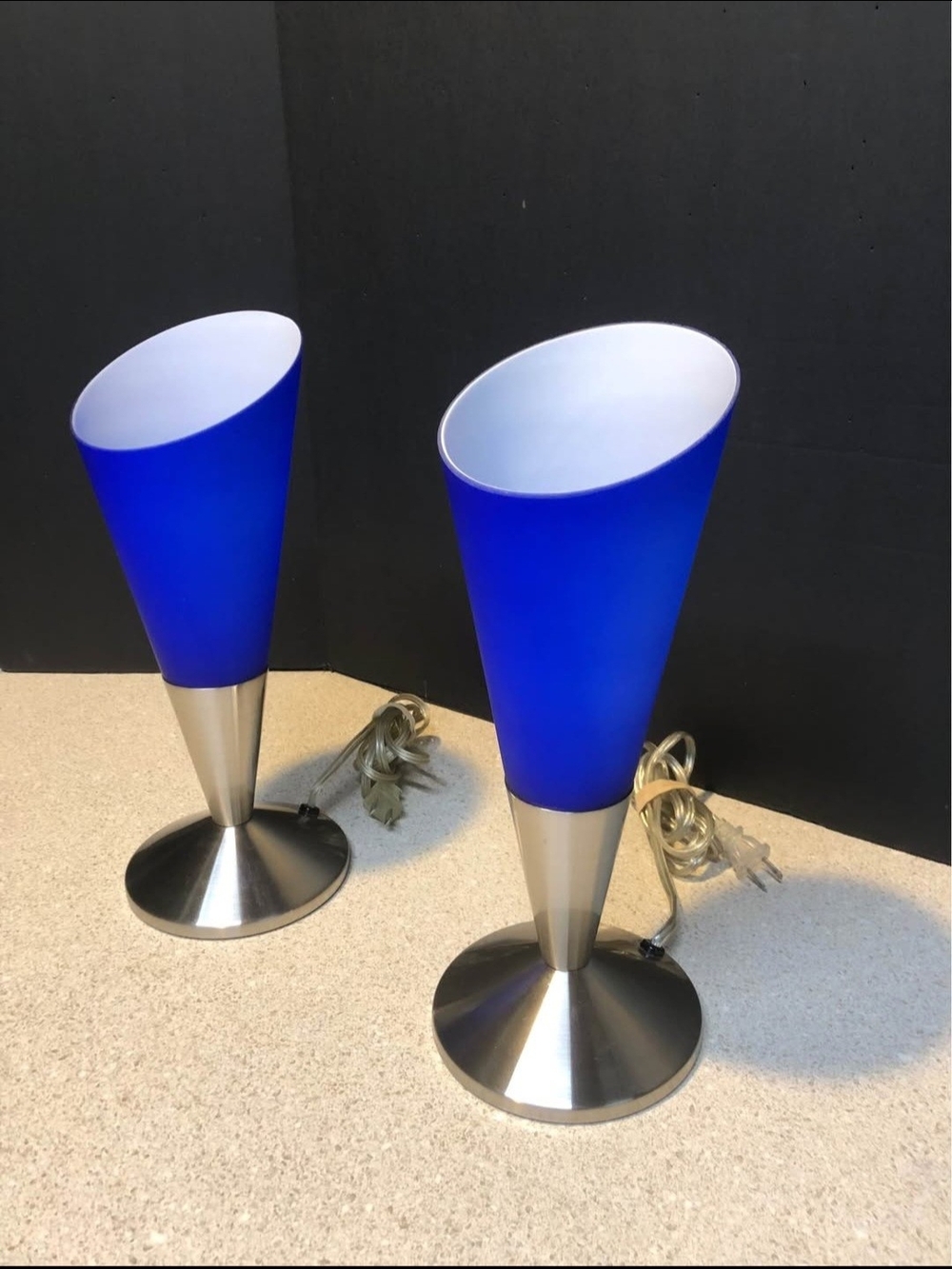Pair Vintage Y2K Hampton Bay Cobalt Blue Glass Torchiere Lamps Postmodern Retro - Picture 3 of 14